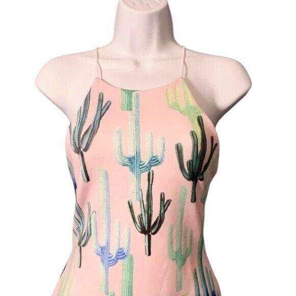 Southwestern Short Summer Dress Size 6 Cactus Print Bodycon Pink Spaghetti Strap - Picture 4 of 8